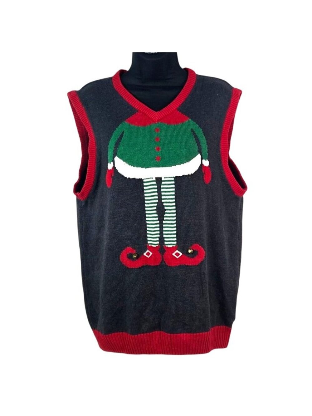 Ugly Christmas Sweater Womens Elf Vest Large Gray & Red Knit Holiday Top